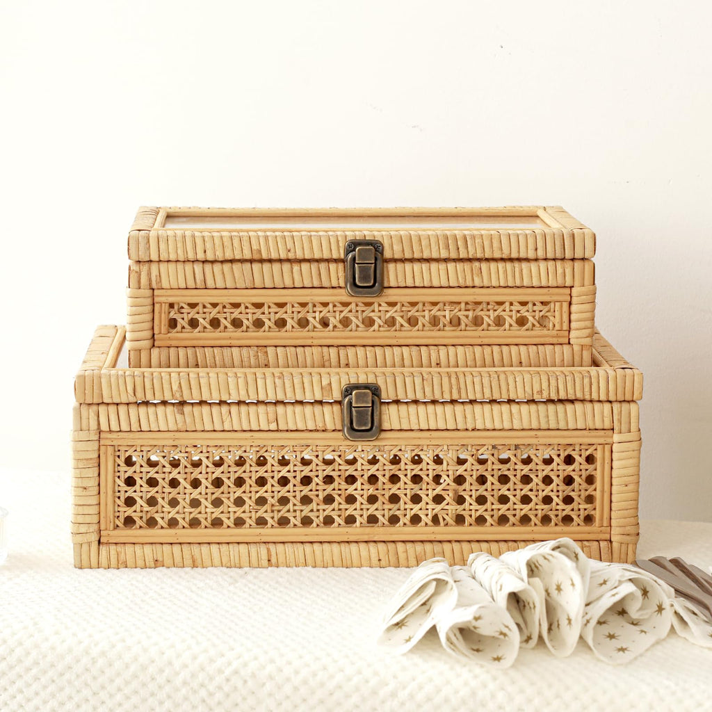 DECOR4SEASON Rattan and Cane Stacking Boxes with Glass Top Lid - Set of 2 for Boho and Rustic Farmhouse Decor