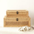 DECOR4SEASON Rattan and Cane Stacking Boxes with Glass Top Lid - Set of 2 for Boho and Rustic Farmhouse Decor